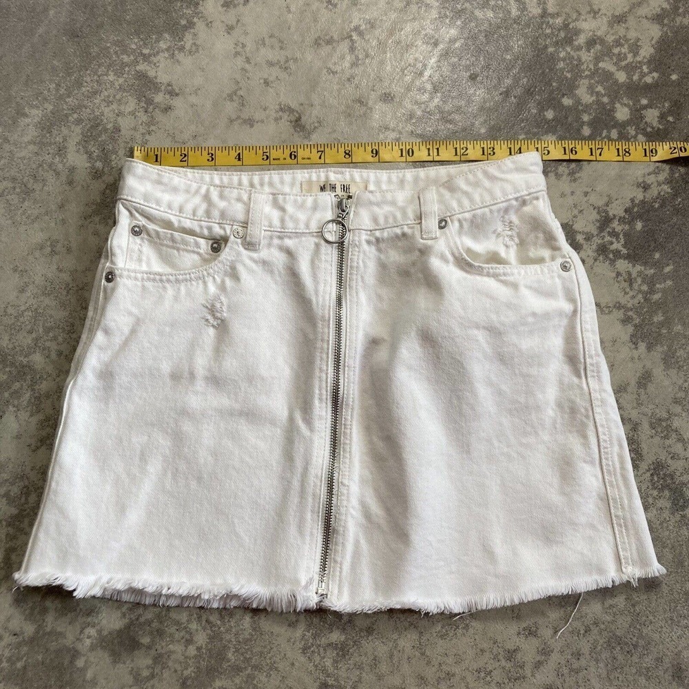 We the Free White Denim Mini Skirt Size 27 Zip Up Front Distressed